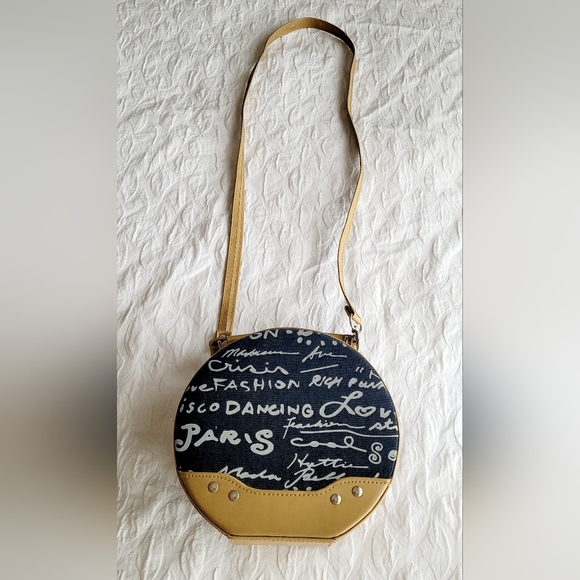 Small Canvas Circle Purse handbag Crossbody Purse With Mirror Blue Beige - Picture 7 of 9